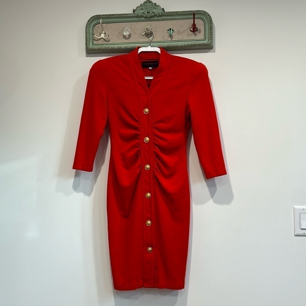 Vintage 80s Tom And Linda Platt red knit rouched center dress gold button small